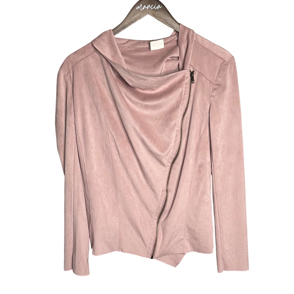 Mote Faux Suede Moto Jacket Drape Front Zip Up Soft Pink Medium
